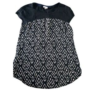 Meadow Rue Black White Print Short Sleeve Top Bohemian Blouse Women's Medium